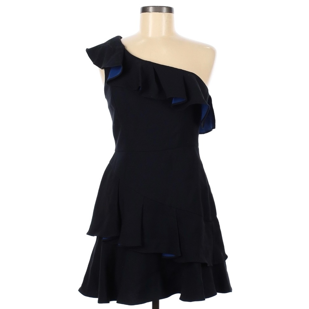 BCBGMAXAZRIA Calinda Black Ruffle One Shoulder Asymmetrical Dress